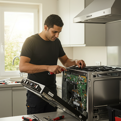 فني صيانة بلت ان بوش المُعتمد يُصلح بوتاجاز مدمج باستخدام قطع غيار أصلية وأدوات احترافية، مع ظهور رقم الخط الساخن بوش 19224 لطلب خدمة صيانة سريعة ودقيقة في جميع أنحاء مصر.