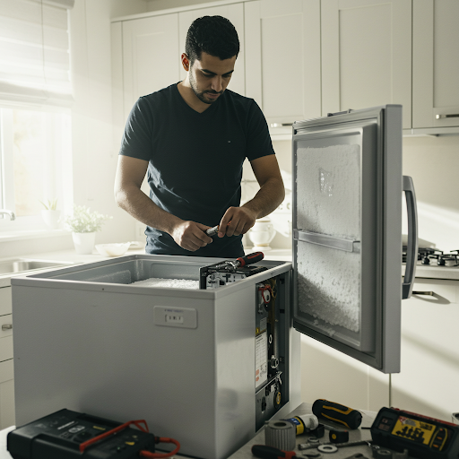 فني صيانة ديب فريزر بوش المُعتمد يُجري إصلاحًا باستخدام قطع غيار أصلية وأدوات متخصصة، مع ظهور رقم الخط الساخن بوش 19224 لطلب خدمة صيانة فورية في جميع أنحاء مصر.