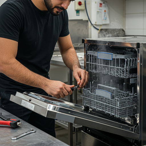 فني صيانة غسالات بوش المُعتمد يُجري إصلاحًا دقيقًا باستخدام قطع غيار أصلية، مع ظهور رقم الخط الساخن بوش 19224 لطلب خدمة سريعة في مصر.