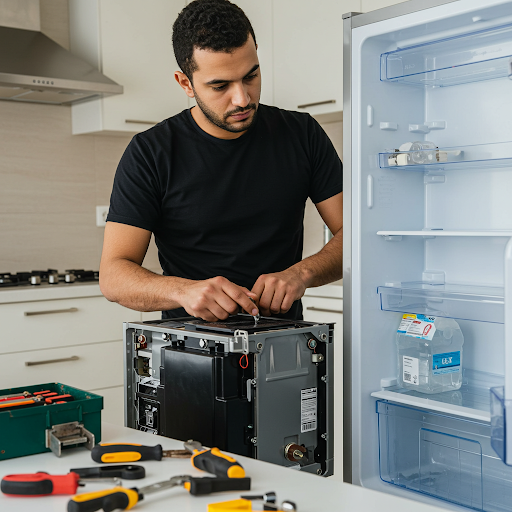 فني صيانة ثلاجات بوش المُعتمد يُجري إصلاحًا لثلاجة باستخدام قطع غيار أصلية وأدوات احترافية، مع ظهور رقم الخط الساخن بوش 19224 لطلب خدمة صيانة سريعة وآمنة في جميع أنحاء مصر.