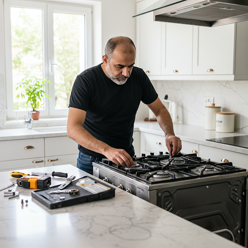 فني صيانة بوتاجازات بوش المُعتمد يُصلح عطلًا باستخدام قطع غيار أصلية، مع ظهور رقم الخط الساخن بوش 19224 لطلب خدمة صيانة سريعة وآمنة في مصر.