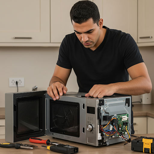 فني صيانة ميكروويف بوش المُعتمد يُجري إصلاحًا دقيقًا باستخدام قطع غيار أصلية وأدوات احترافية، مع ظهور رقم الخط الساخن بوش 19224 لطلب خدمة صيانة سريعة وآمنة في جميع أنحاء مصر.