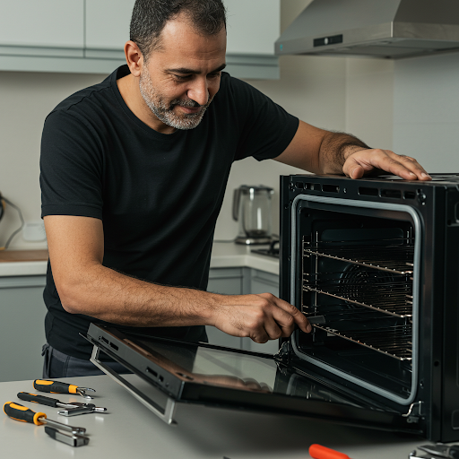 فني صيانة افران بوش المُعتمد يُجري إصلاحًا لفرن مطبخي باستخدام قطع غيار أصلية، مع ظهور رقم الخط الساخن بوش 19224 لطلب خدمة صيانة فورية في جميع أنحاء مصر.