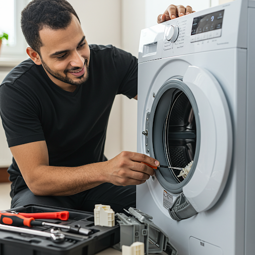 فني صيانة غسالات بوش المُعتمد يُجري إصلاحًا دقيقًا باستخدام قطع غيار أصلية، مع ظهور رقم الخط الساخن بوش 19224 لطلب خدمة سريعة في مصر.